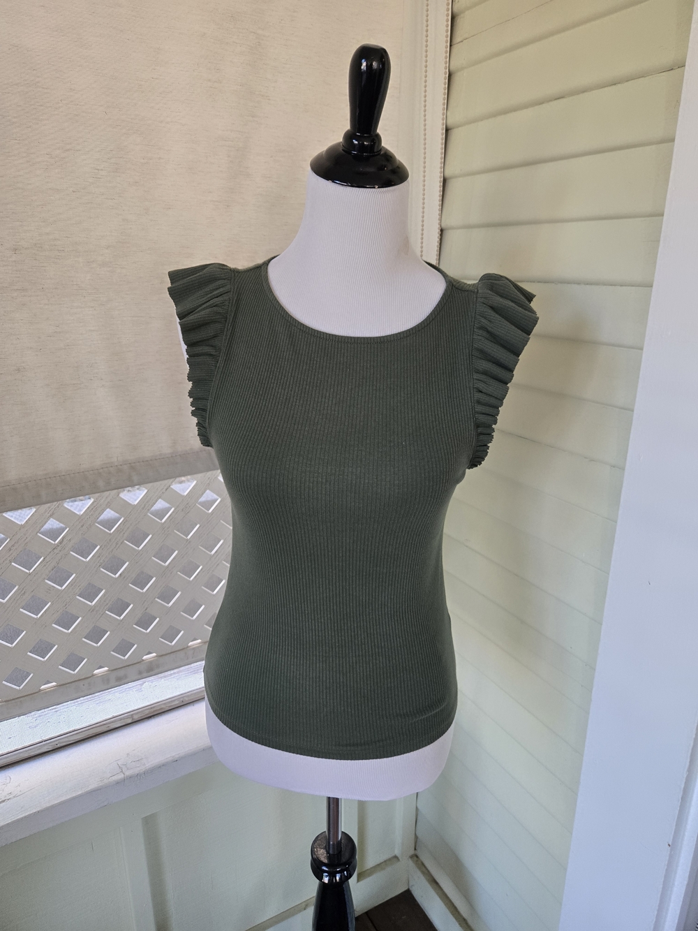 Cider Olive Ribbed Tank with Pleated Cap Sleeves